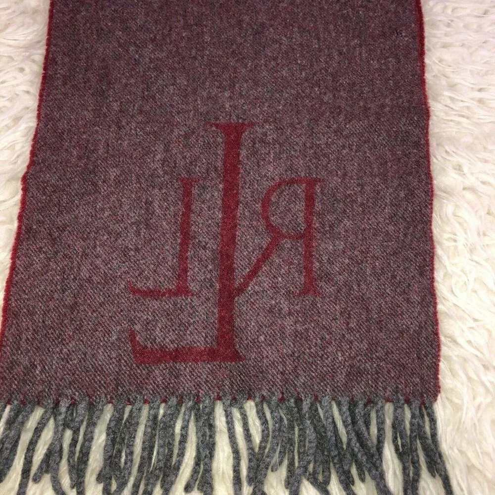 Lauren RALPH LAUREN Wool Red Gray 100% Virgin Lambswool Fringe Logo Italy